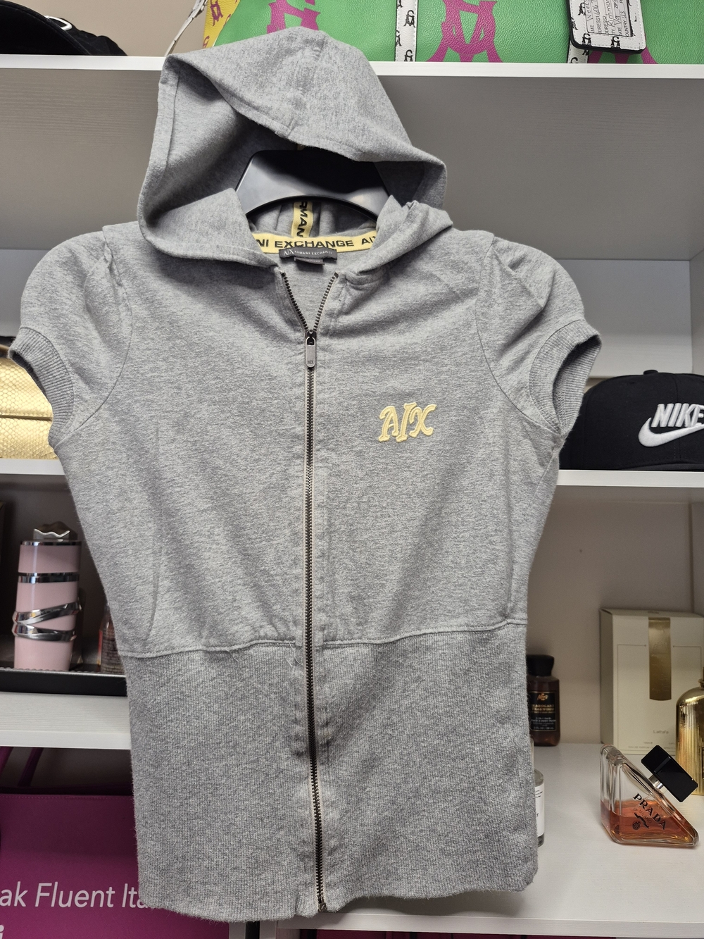 Armani Exchange Gray Short-Sleeve Zip Hoodie with Yellow AX Logo